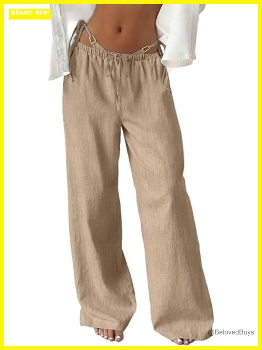 Wide Leg Linen Pants Low Rise Drawstring Elastic Waist Pockets Summer Beach